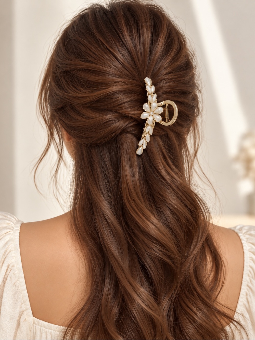 Gold and Pearl Floral Hair Clip for Women